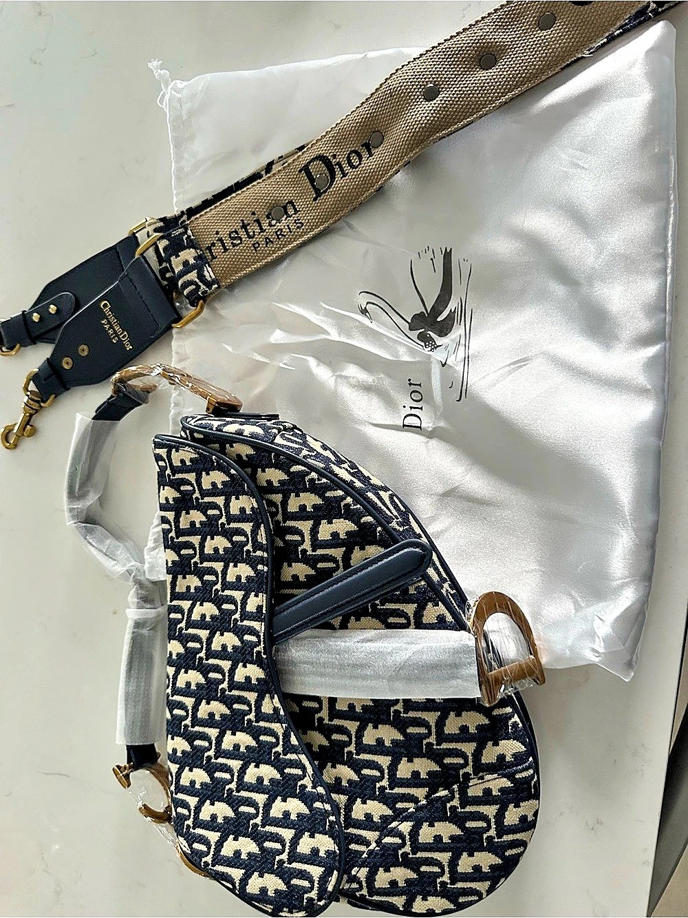 Unbranded Oblique Saddle Bag with Strap Blue & Cream